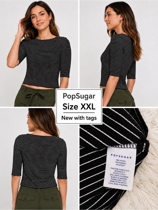 POPSUGAR Tops - PopSugar Black & White Striped Top XXL NWT Ribbed Stretchy elbow Sleeve